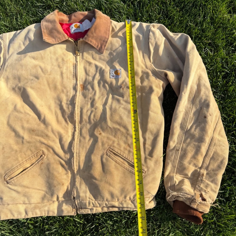 Vintage Carhartt Detroit Jacket Tan Duck Canvas Quilted Lining Distressed Mens - Picture 3 of 10